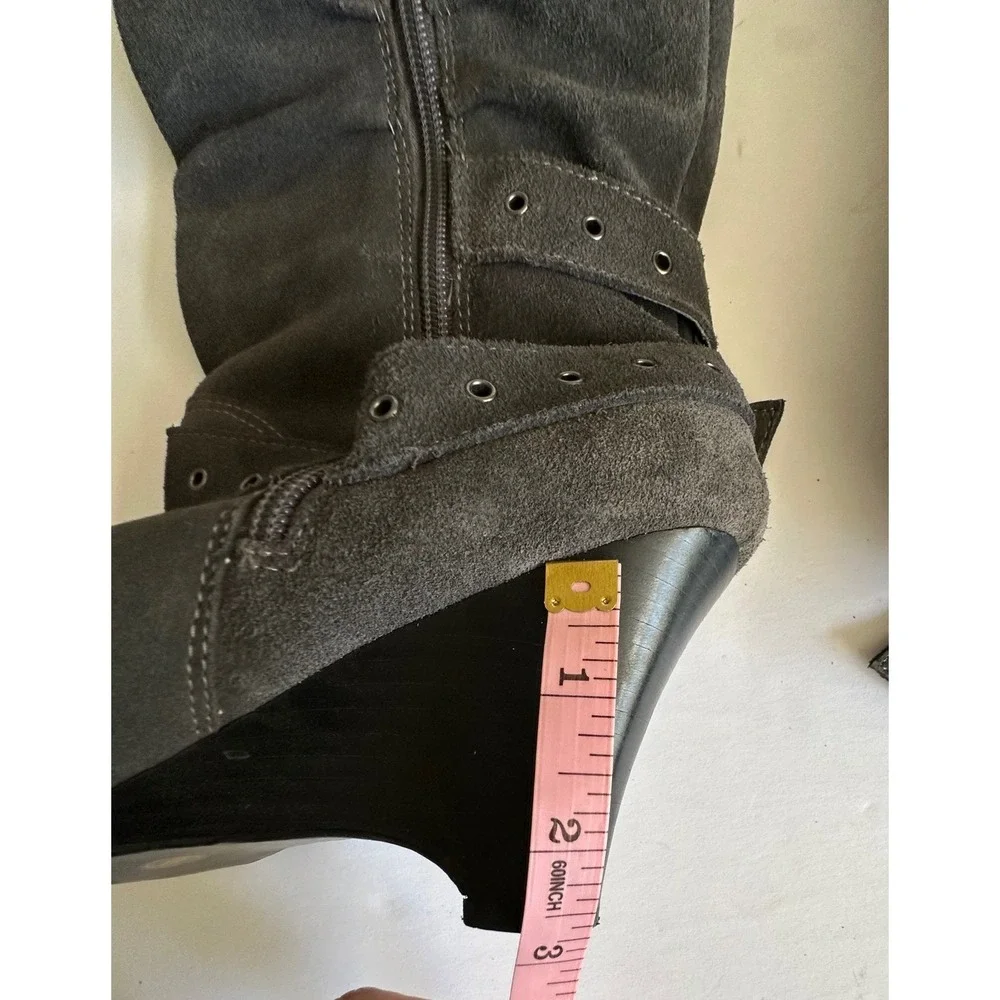Y2K Naughty Monkey Over The Knee Suede Wedge Boots Gray Grommet Buckle 8